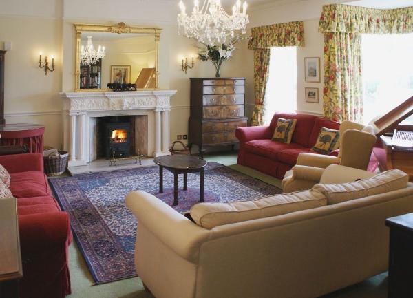 Luxury lounge with ornate fireplace and expensive sofas.