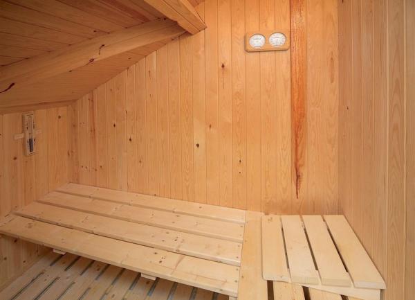 A pine-walled sauna at Gull's Rest holiday cottage.