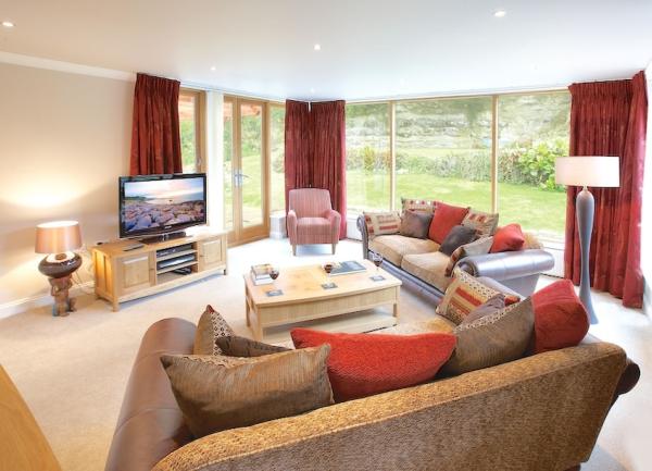 A luxuriously-furnished lounge with sofas, widescreen TV, standard lamps and French windows.