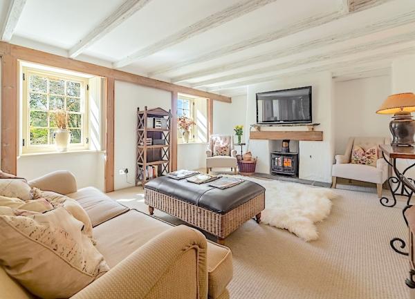 A luxurious lounge with oak beams , wood burner and widescreen TV.