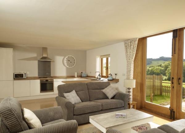 Open-plan lounge-kitchen with rural views through French windows.