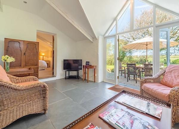 A garden with cushione wicker chairs and glass doors to a garden terrace.