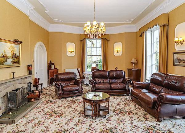 A grand lounge with a 3 piece leather suite.