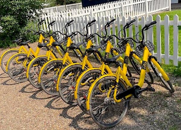 Osea Island guest bicycles in a long bike rack.