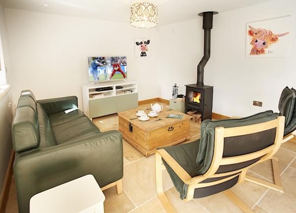 Lounge with contemporary leather sofas, wood-burner and an antique coffee table.