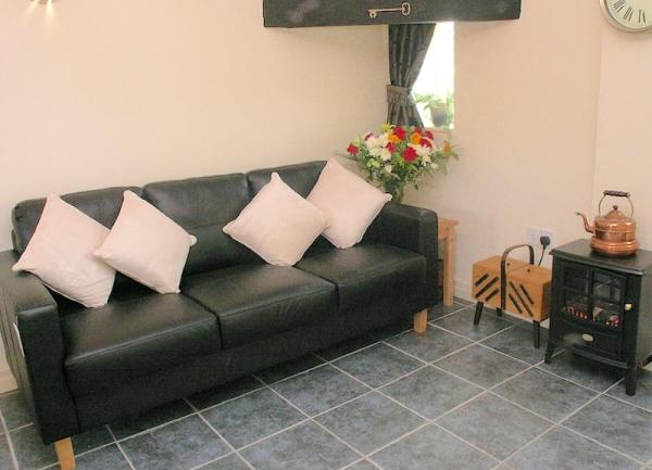 A lounge corner with a leather sofa with scatter cushions and electric fire.
