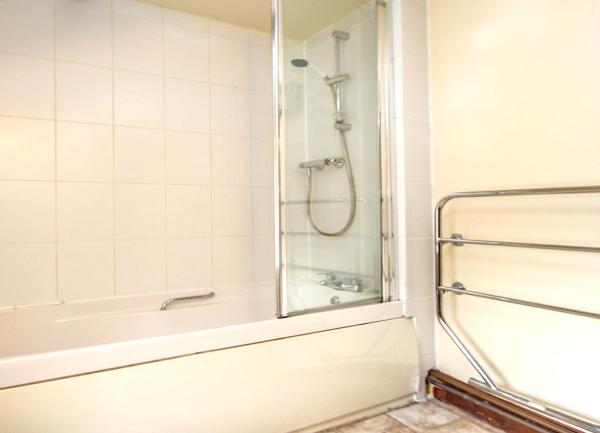 Bathroom with a bath with overhead shower and a heated towel rail.