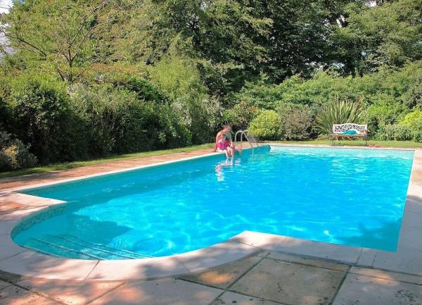 An outdoor swimming pool with Roman steps in a garden surrounded by a thick hedge.