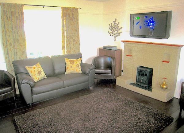 Lounge with a wall-mounted TV above a fireplace holding a wood burner, a leather sofa and armchairs.