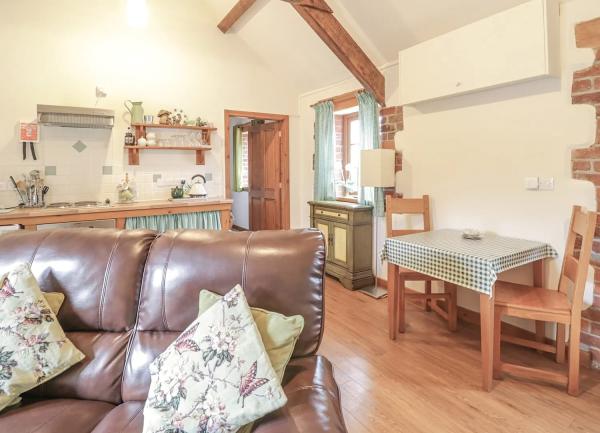 A leather sofa in an open-plan lounge area with a dining table and kitchen area at the rear.