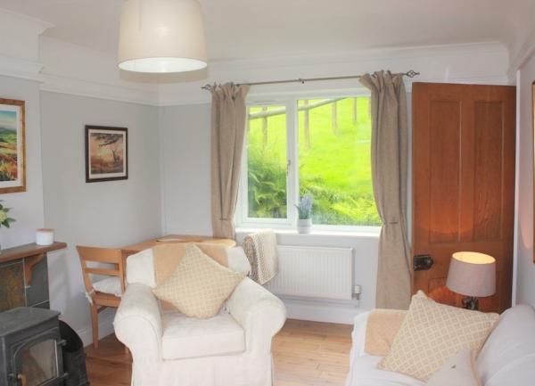 A. cosy lounge with a sofs and arhchair gathered around a woodburner.