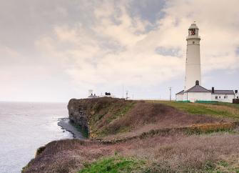 A lighthouse and cottages stands on a cliff edge.