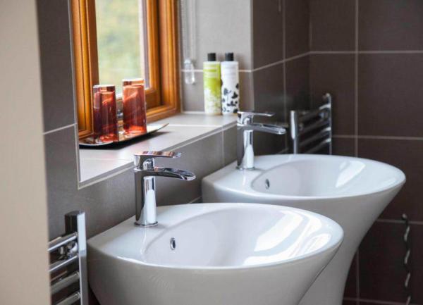 Two white modern hand basins with window