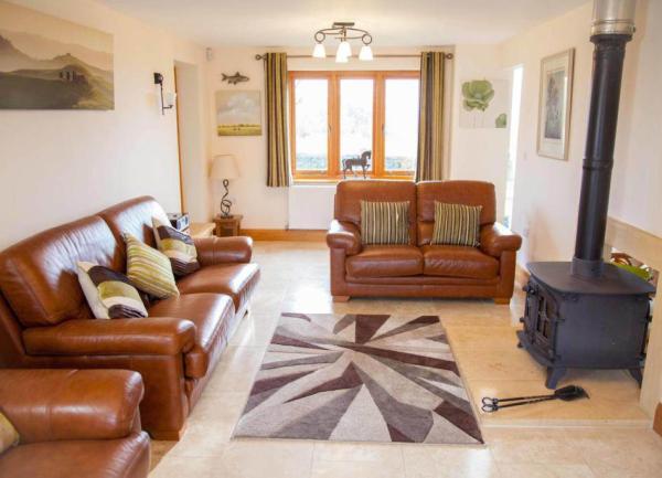Lounge with tan leather sofas set around a log-burner