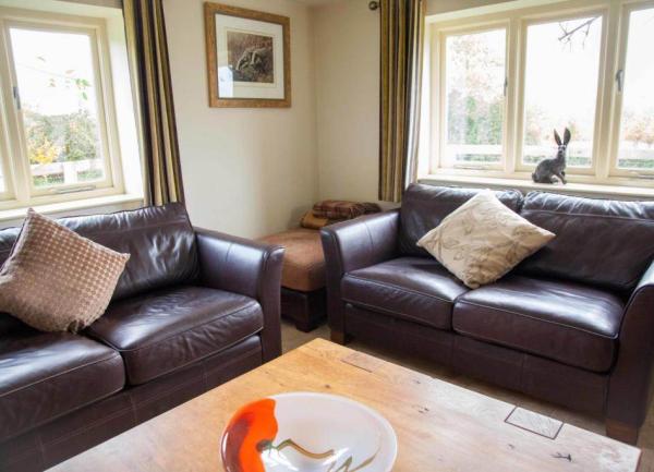 Two dark sofas in a snug with windows