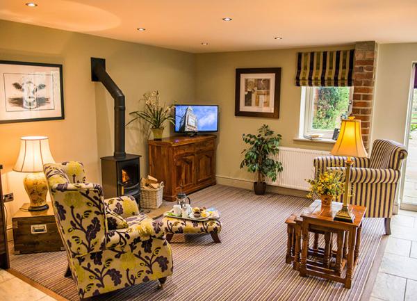 Lounge area with wood burning stove & smart T.V