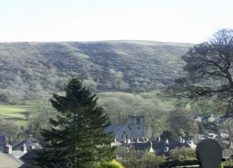 Behind a garden with mature shrubs and a lawn stands a stone-built terraced cottage.