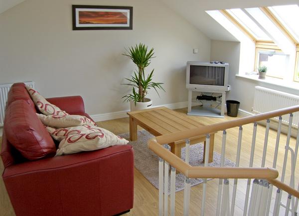 A 1st floor lounge with sofa and TV.