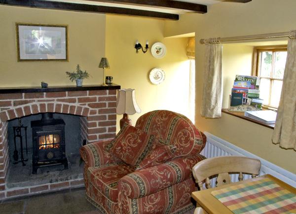 Lounge corner with an upholstered chair by a fireplace with woodburner.