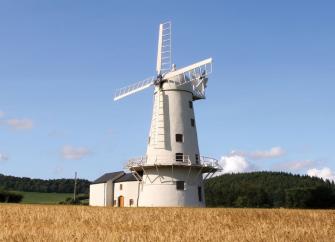 A restored windmill stands in the middle of a field of ripe wheat.