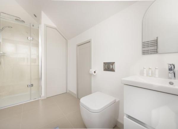 Shower, bidet and washbasin in an ensuite bathroom.