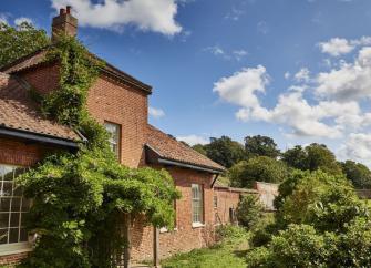 A wisteria-clad, single-storey brick building with large windows overlooks a garden full of shrubs.