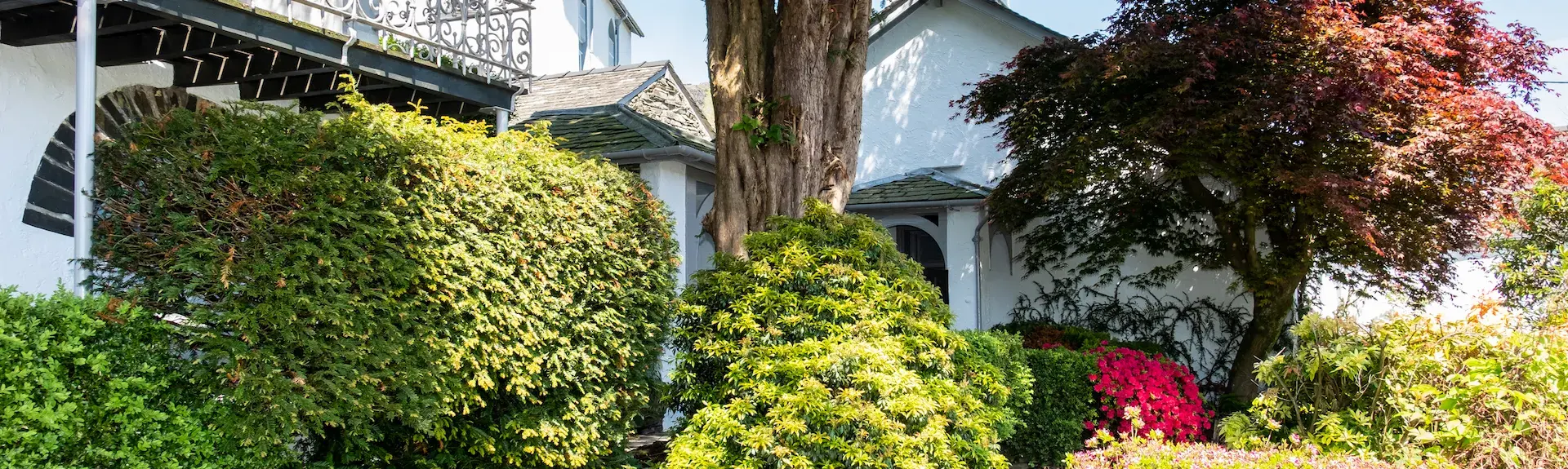 a garden path lined by mature shrubs and trees leads to a cottage with a large first-floor ironwork balcony.