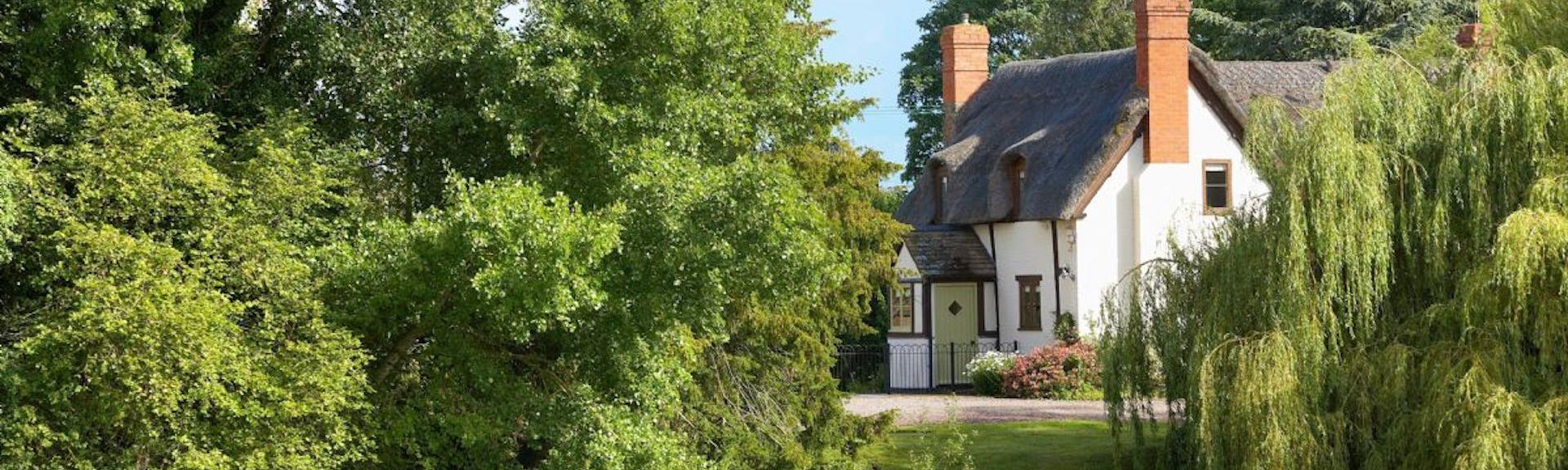 A thatched Herefordshire holiday cottage stands between two large willow trees overlooks a lake 