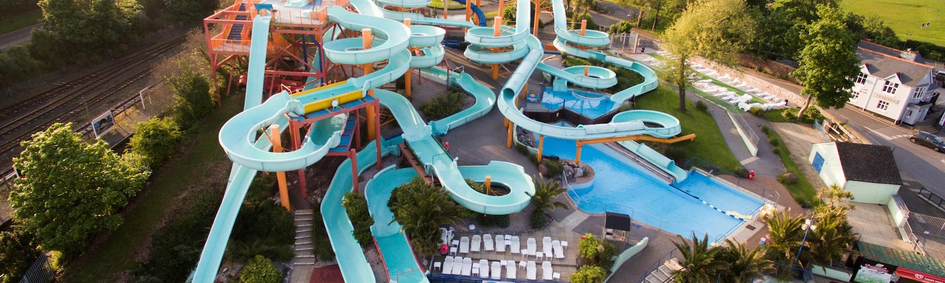 Aerial view of Devon's Quaywest Waterpark of twisting water flumes twisting 