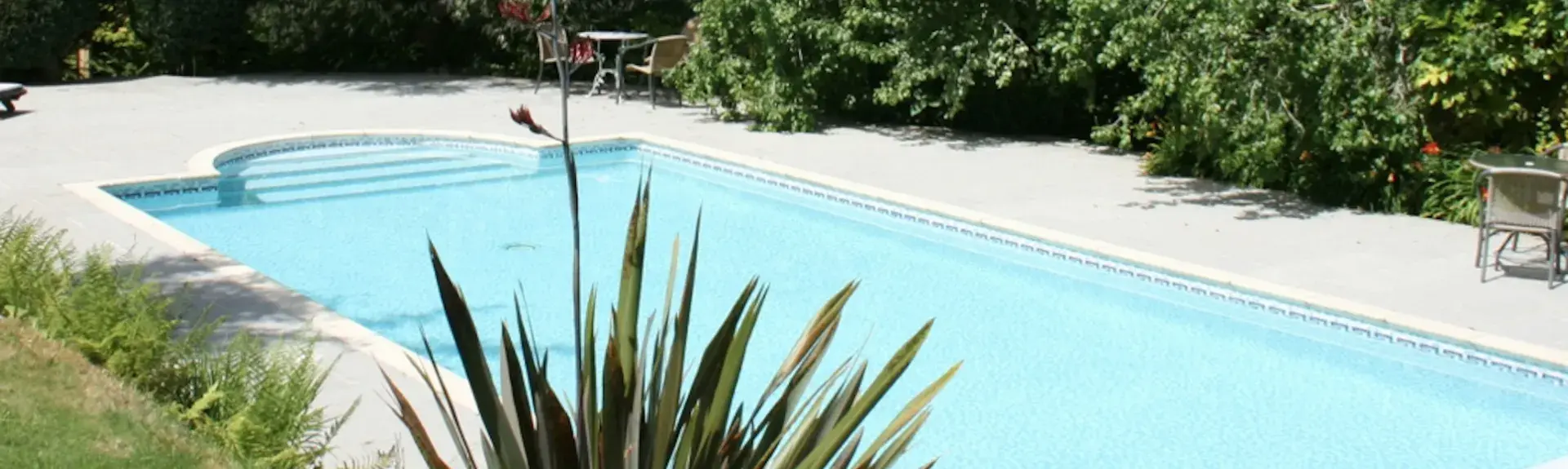An open air swimming pool surrounded by a terrace with bushes to one side and lawns on the other