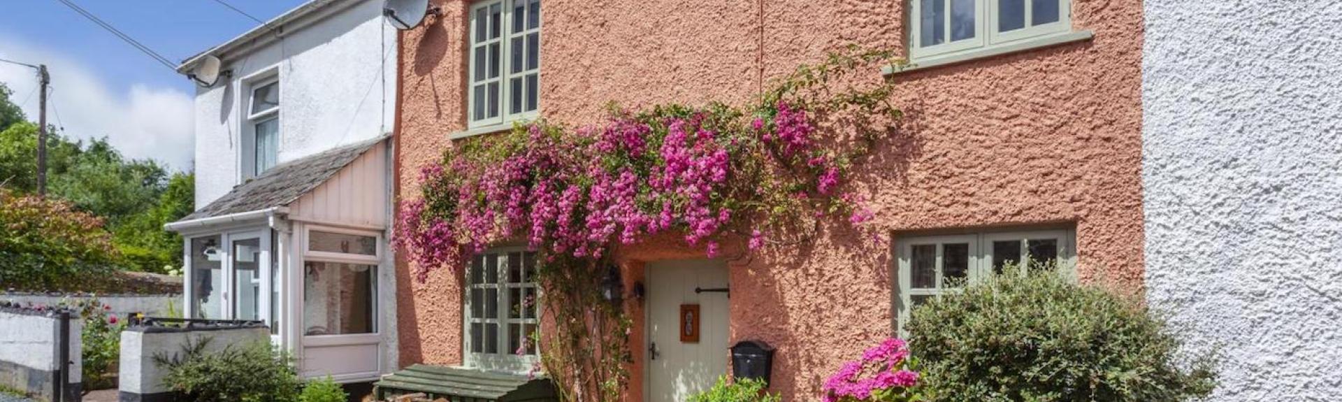 A double fronted terraaced cottage with a flower-clad creeper hanging above its front door.