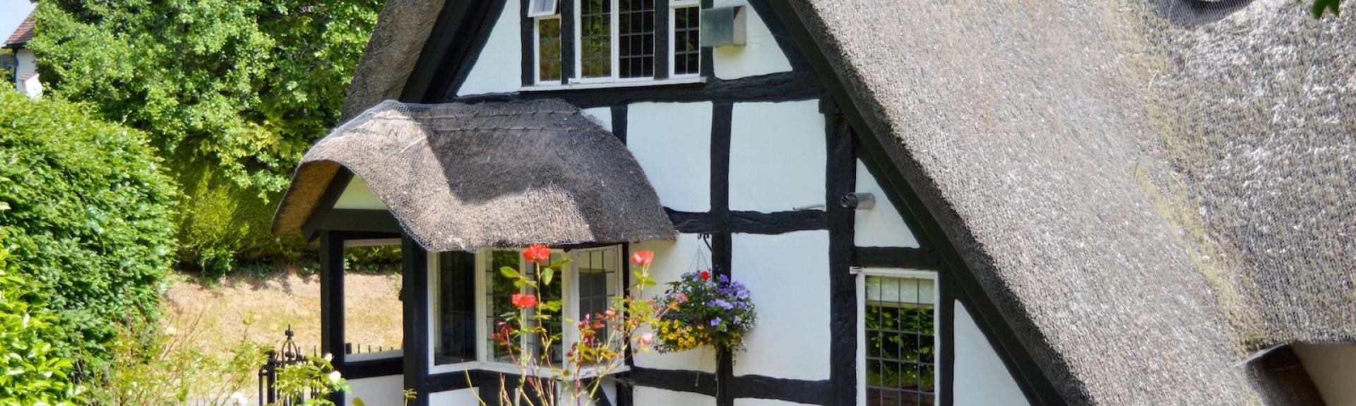 Gable end of a half-timbered thatched cottage with the roof reaching right to the ground.