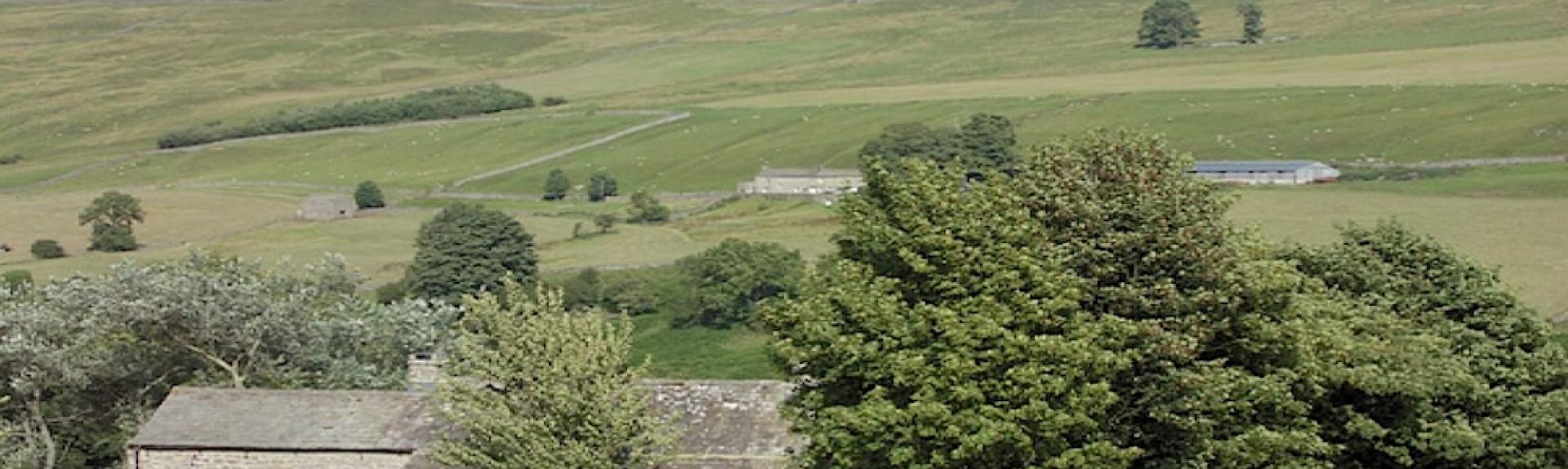 A large farmhouse partly surrounded by trees, sits beneath moorland hillside.