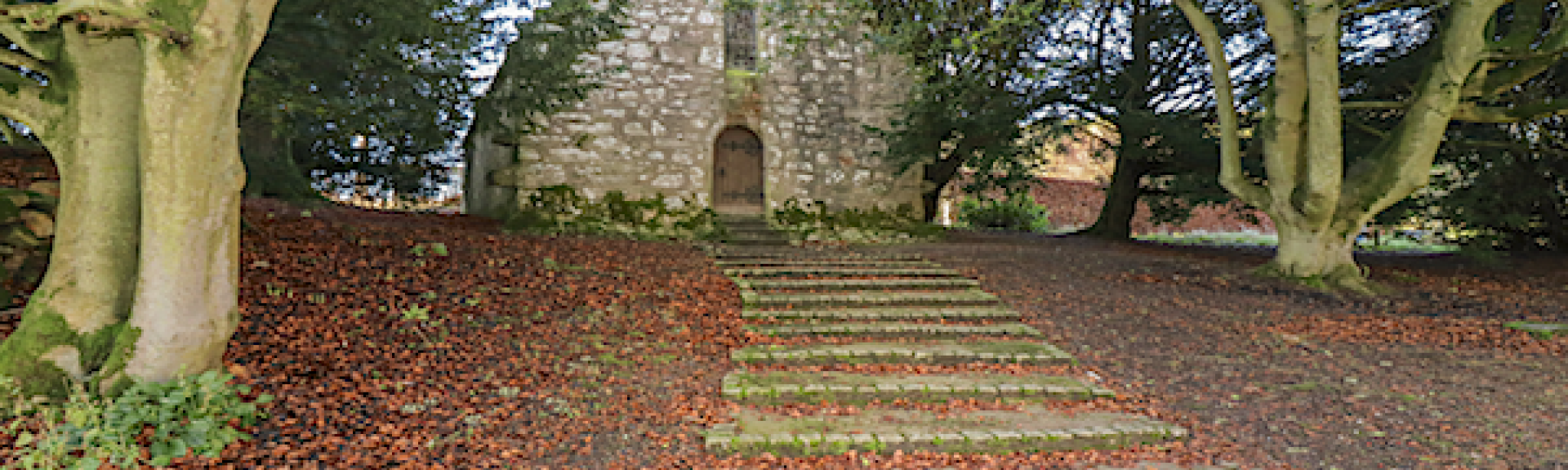 An old chapel in the woods is approached by a flight of wide, cobbled steps