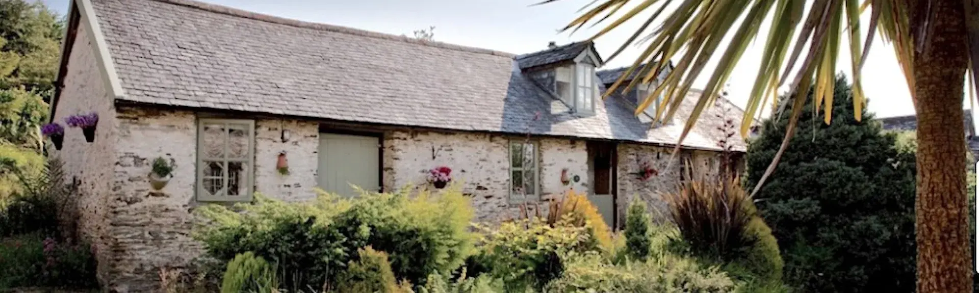 A North Devon coast stone-barn conversion overlooking. lawned garden with a palm tree