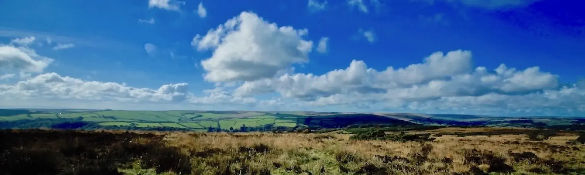 Rows of fluffy white clouds skudding across an Exmoor sky above a panoramic moorland landscape of heather, bracken and stunted, wind-blown trees.