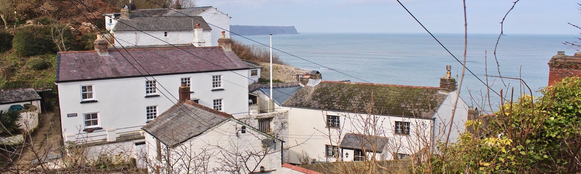 A cluster of three devon fishermen's cottages nestled in a woodland gap overlooking the ocean