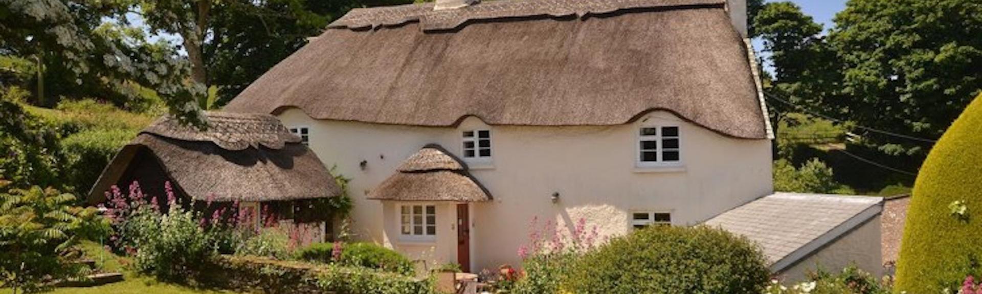 Large thatched cottage overlooking a large lawn fringed with flowering shrubs.