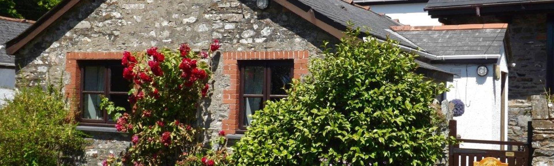 Stone-built, gable end of a cottage with flowering shrubs.