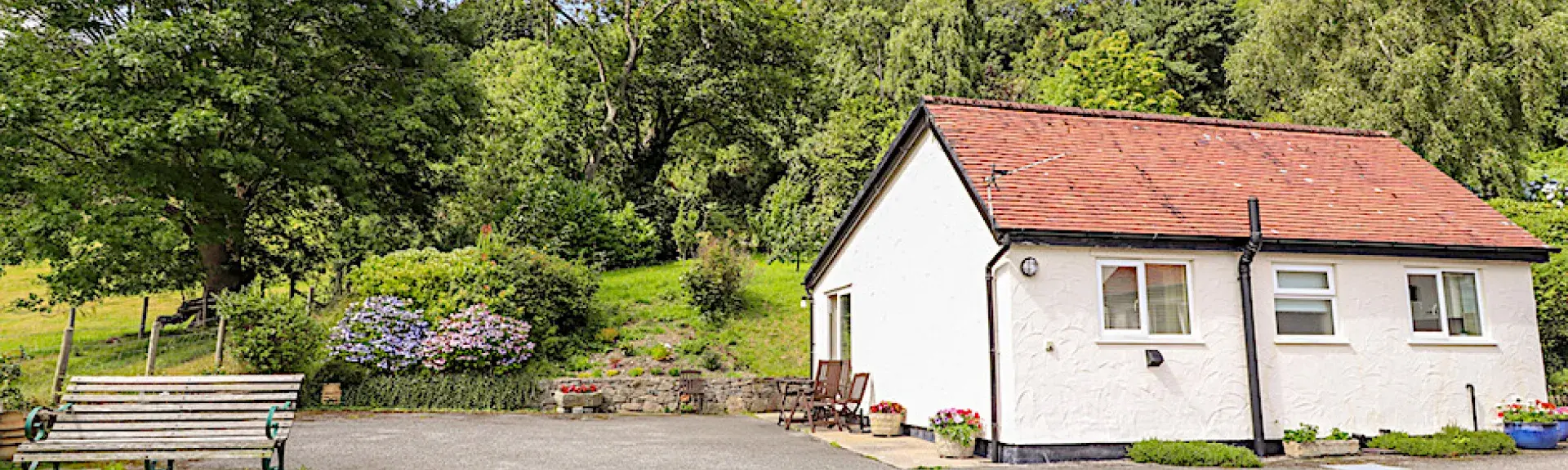 A countryside bungalow at the head of a drive with mature trees in th background