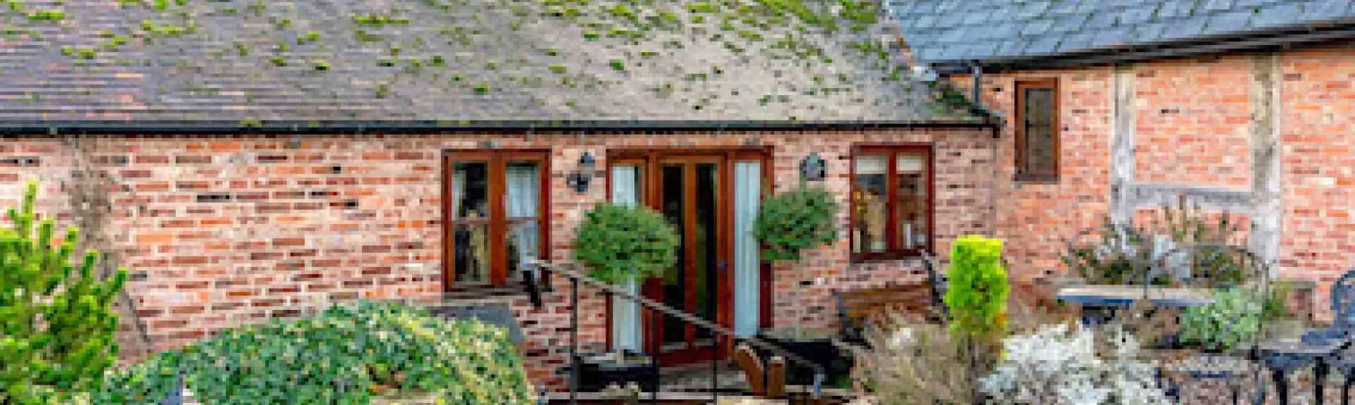 A single storey barn conversion  overlooks a courtyard full of shrubs in large pots.