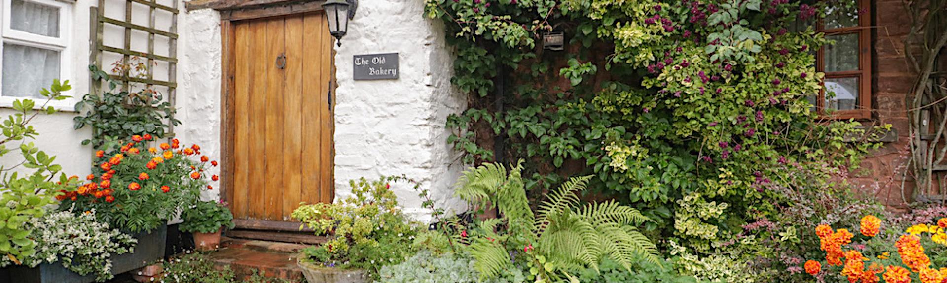 Close up of a farm cottage exterior in The Quantock Hills showing the front door and surrounding shrubbery.