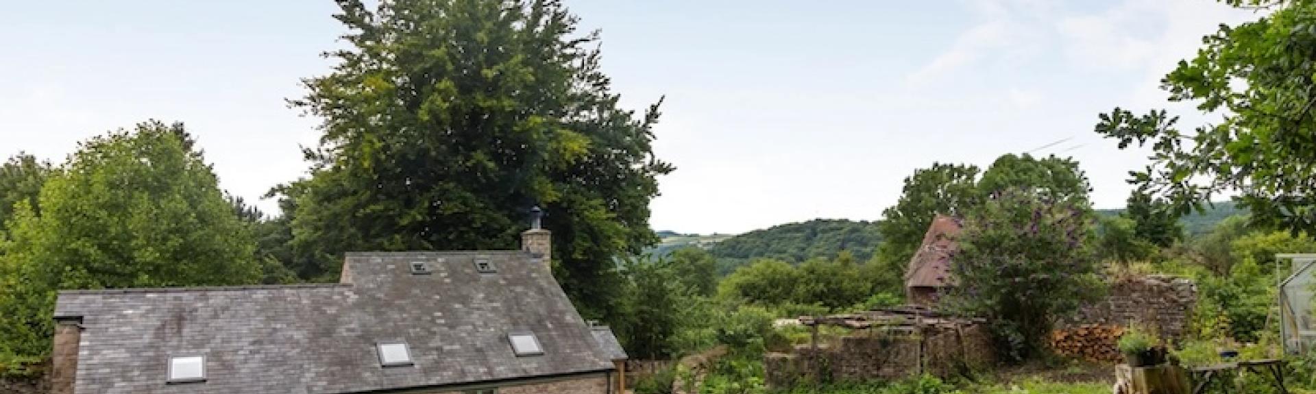 A glimpse of the rooftop and 1st floor of a country cottage surrounded by woods and fields.