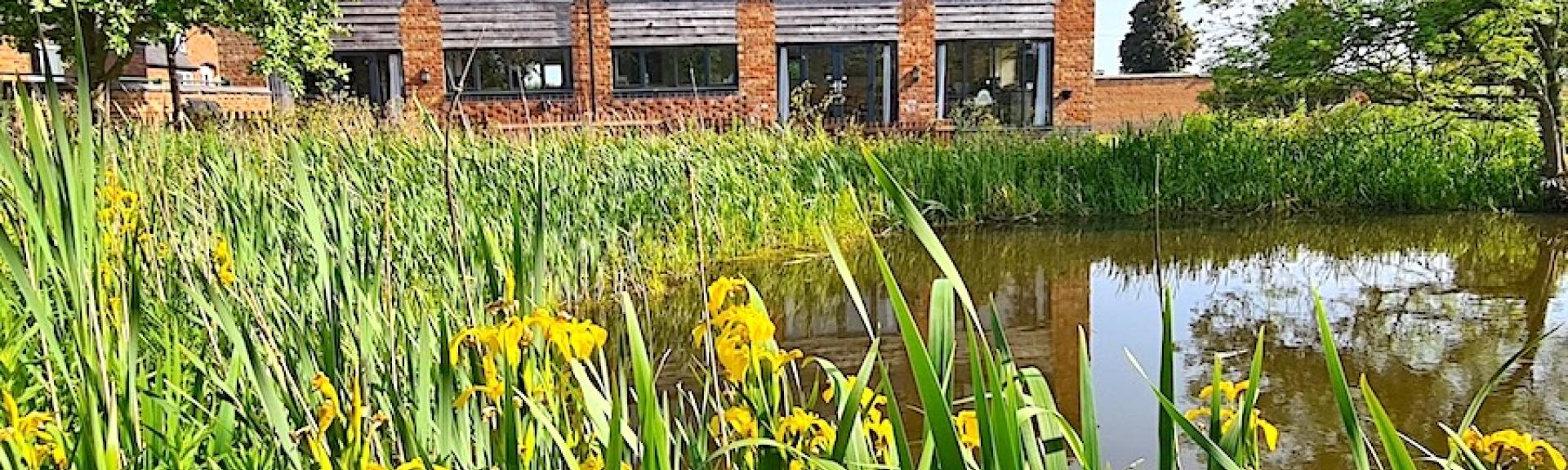 A reed-fringed lake sits in front of a 2-storey Shropshire barn conversion.
