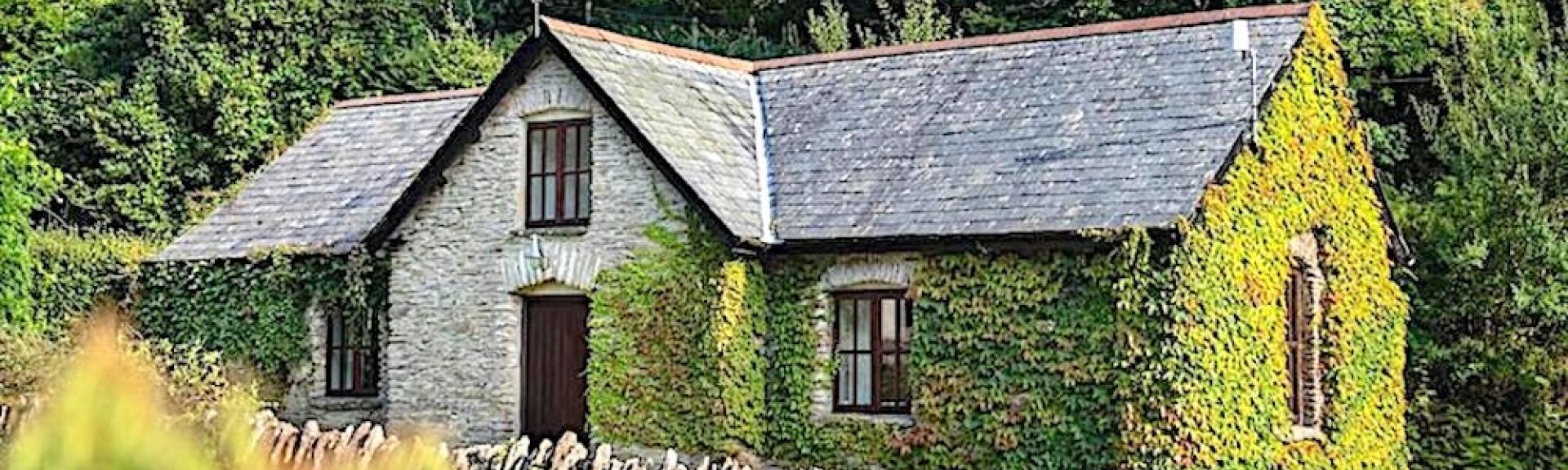 Single-storey, ivy-clad country cottage in front of woodland trees.