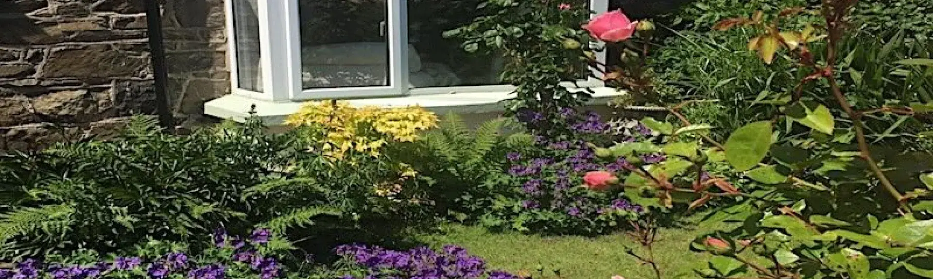 A holiday cottage bay window overlooks a lawn surrounded by flower beds.