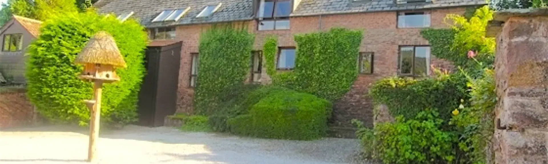 The exterior of a rural holiday cottage in Somerset is ivy-clad and overlooks a small front garden and a spacious courtyard.