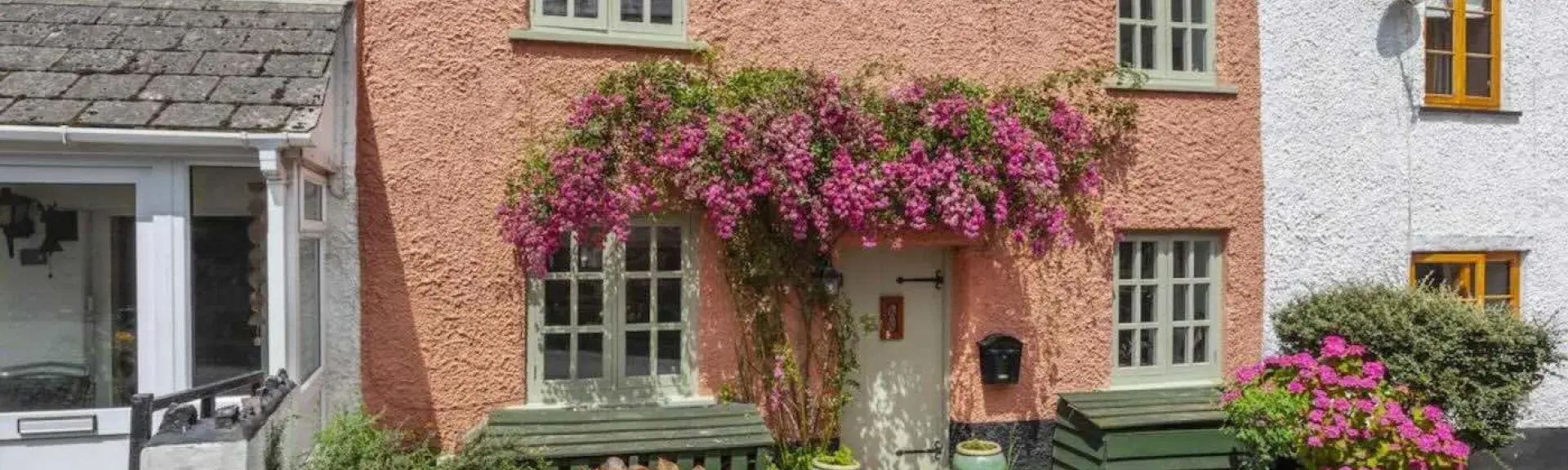 The double-fronted exterior of a rustic, terraced holiday cottage in a Mid Devon village street with a flowery creeper overhanging the front door.