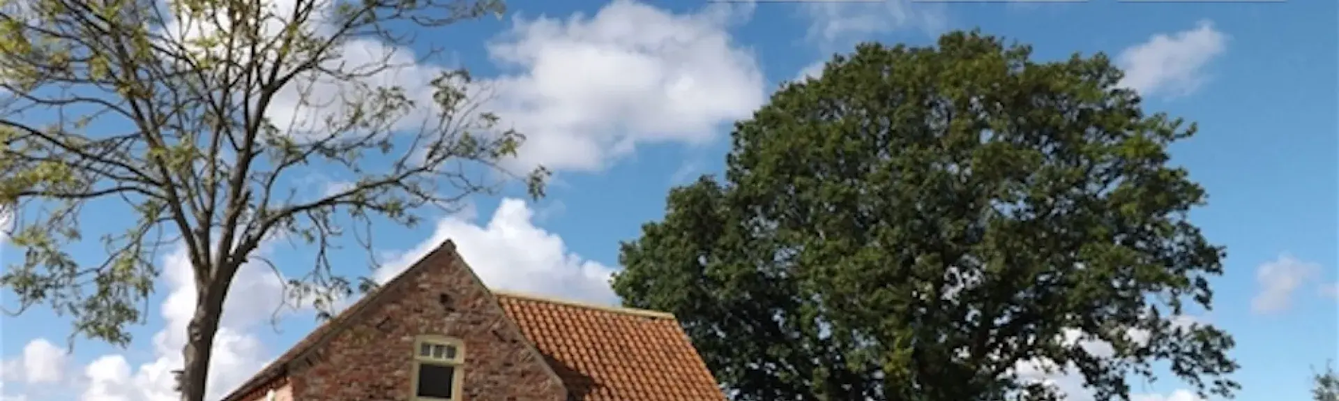 Surrounded by open fields, a barn conversion nestles in front of a large tree in full leaf.