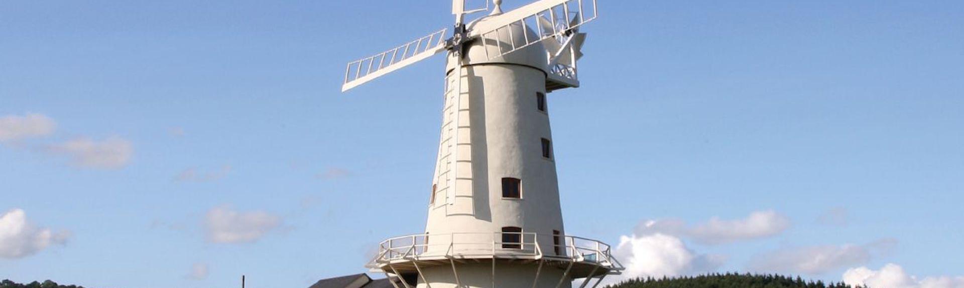 A restored windmill stands in the middle of a field of ripe wheat.